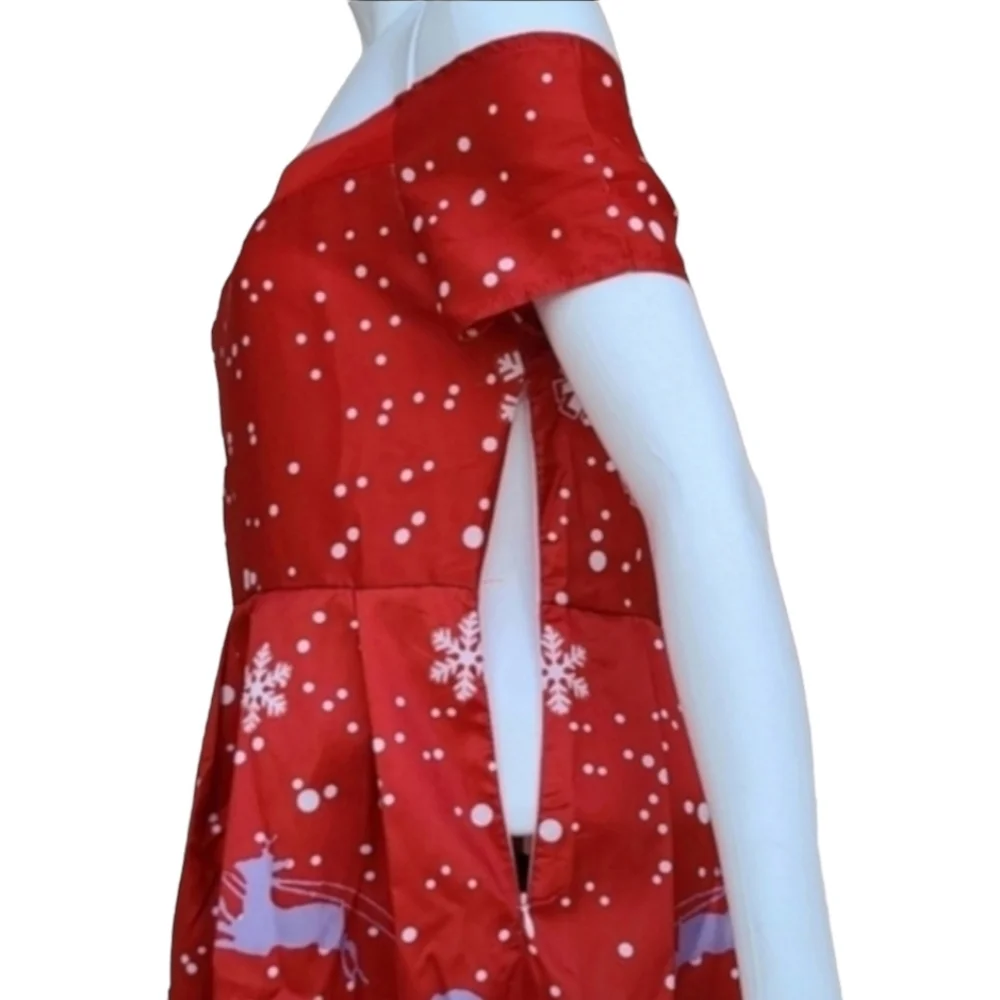 VINTAGE CHRISTMAS HOLIDAY Dress Small 4 6 Rockabilly Pin Up Off Shoulder Festive - Picture 9 of 14